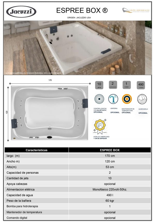 Presentación de PowerPoint Bañera JACUZZI© con hidromasaje Espree Box 170x120x53