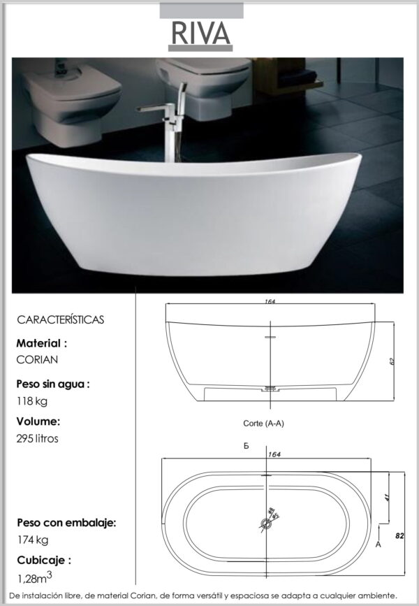 Bañera JACUZZI© Exenta Modelo RIVA CORIAN 164x082x062