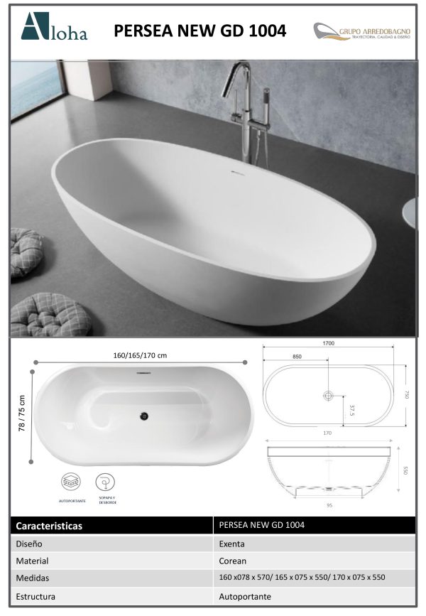 Bañeras Aloha Exenta Modelo PERSEA NEW 160x078x057 / 165x075x055 / 170x075x055 - Imagen 3