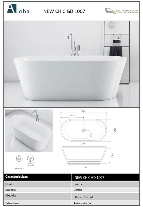 Bañeras Aloha Exenta CHIC CORIAN 150x075x054 - Imagen 3